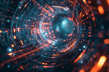 Obraz premium close up horizontal abstract illustration of a futuristic cybernetic tech tunnel with glowing network of connections