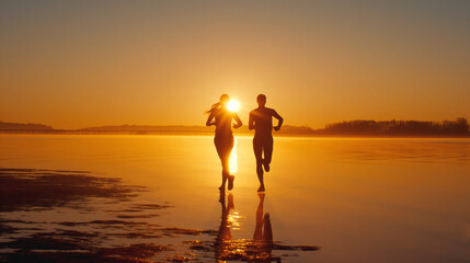 Fototapeta premium Two people running along a beach at sunset with the sun near the horizon, casting a golden glow and creating reflections on the wet sand.