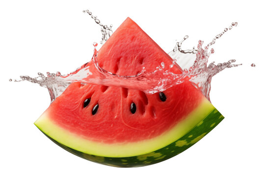 Slice of watermelon in water splash isolated on transparent background.