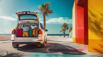 Open Trunk of an SUV Full of Luggage on a Tropical Beach Adventure