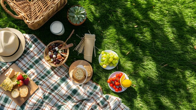 A flat lay of picnic essentials including a blanket, basket, and snacks arranged on a grassy area