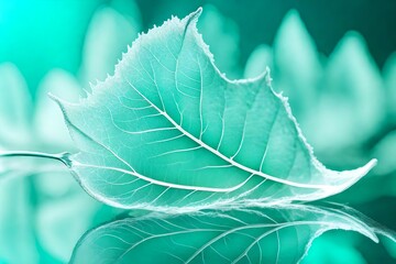 Obraz premium White transparent leaf on mirror surface with reflection on turquoise background macro.