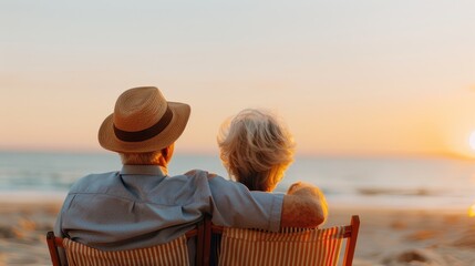 An older couple with light summer hats sits cozily on beach chairs, enjoying the calmness of the beach sunset, their backs towards the camera under the warm sunset sky.