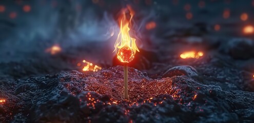  A burning wooden match on rocks with a foggy background