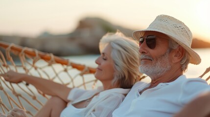 An elderly couple relaxes in a hammock by the beach, both dressed in summer attire, enjoying a peaceful moment together with the ocean waves gently rolling in the background.
