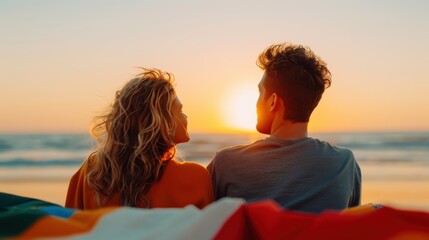 Fototapeta premium A couple, wrapped in a colorful blanket, is sitting on the beach, watching a beautiful sunset over the ocean, symbolizing peacefulness, love, and togetherness.