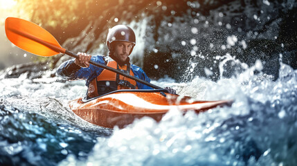 Kayaker paddling through rough whitewater rapids with safety gear on, including a helmet and life jacket, showcasing adrenaline-filled water sport.