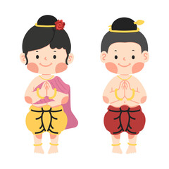 boy and girl in Thai traditional dress greeting