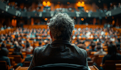 Fototapeta premium Man Watching Performance in Auditorium. A man with grey hair sits in the audience of a large auditorium, looking at the stage.