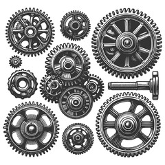 various steampunk gears and mechanical components, intricate design and industrial aesthetics sketch engraving generative ai raster illustration. Scratch board imitation. Black and white image.