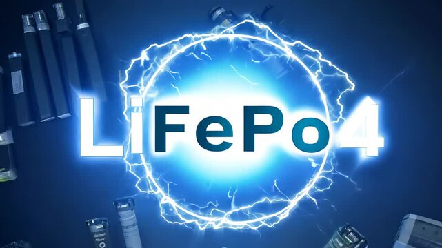 Glowing text LiFePo4 on a dark background, surrounded by electrical discharges