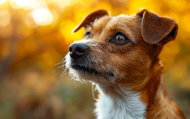 A brown and white dog with a black nose and brown eyes is looking at the camera