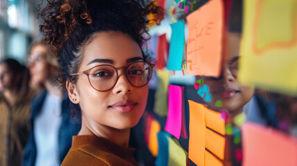 Young Woman with Curly Hair and Glasses Looking at Colorful Sticky Notes on a Board, Representing Creativity and Collaboration in a Team Setting