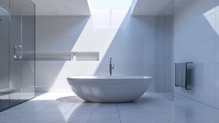 A luxury minimalist bathroom with a freestanding bathtub, wall-mounted faucet, and large skylight, surrounded by white and grey tiles.