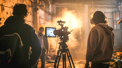 Crew filming a scene with a professional camera in a studio with atmospheric lighting and smoke effects.