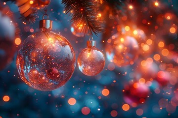 Fototapeta premium Christmas tree adorned with festive decorations and twinkling lights.