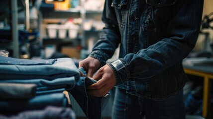 Person Inspecting Denim Fabric in Workshop