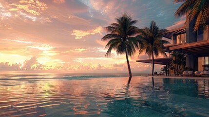 Fantastic poolside, sunset sky, palm trees reflection. Luxury tropical beach landscape, infinity swimming pool, deck chairs and loungers under umbrellas amazing scenic. AI generated illustration
