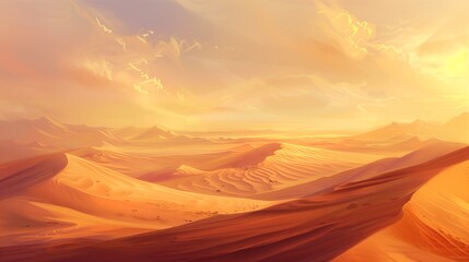 Fototapeta premium Stunning Illustration of Desert Scene with Rolling Sand Dunes at Sunset
