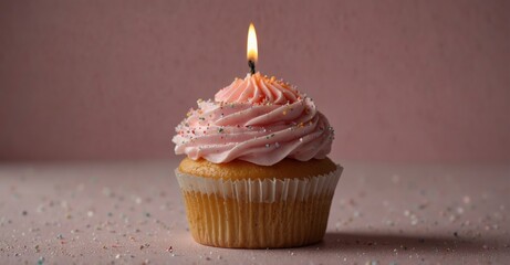  Single Candle on Pink Frosted Cupcake Celebration Delight