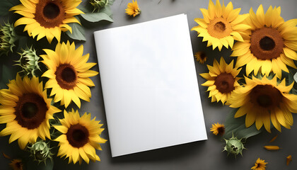 Mock-up of a white magazine cover with sunflowers around it. 