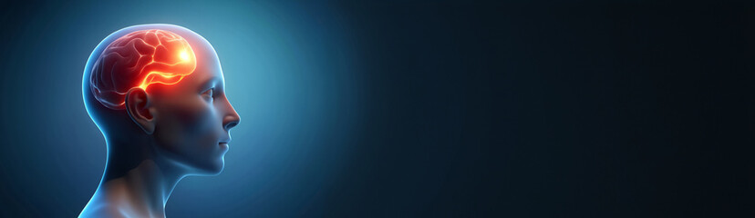 Banner image. Human profile with glowing red brain in head with twists close up. Blue dark background. Copy space.