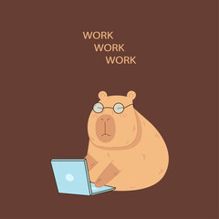 Postcard with vector business capybara with laptop works 