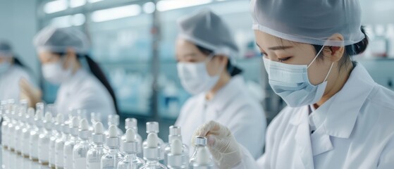 A quality control station in a cosmetics manufacturing plant, with workers meticulously inspecting luxury beauty products
