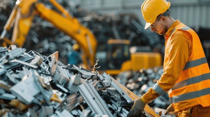 A pile of expired solar panels at a recycling facility, with workers sorting and processing the materials