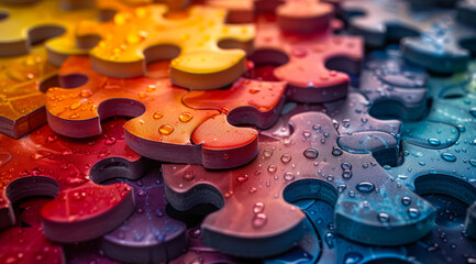 Obraz premium A colorful jigsaw puzzle with water droplets on it. The puzzle pieces are arranged in a way that creates a rainbow effect