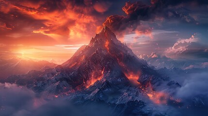 Illustration of an erupting volcano emitting smoke and hot lava with a sunset background