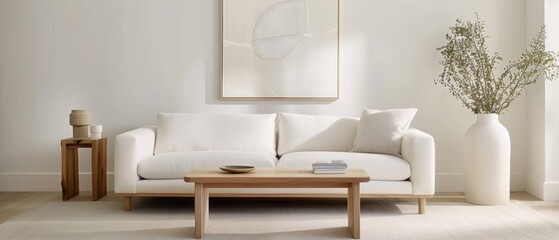 Fototapeta premium A minimal living room with a sleek white sofa, a single wooden coffee table, and a large, abstract art piece on the wall