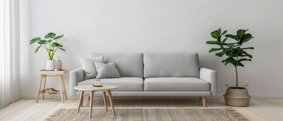 A living room with clean lines, featuring a minimalist grey couch, a simple rug, and a few green plants for a touch of nature