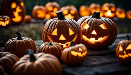 Fototapeta premium Glowing, carved, Halloween jack o' lantern pumpkins on wooden background. Selective focus.