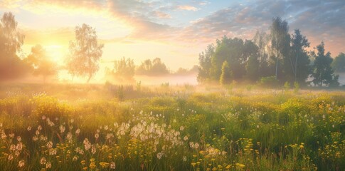 Fototapeta premium Sunrise Over Foggy Meadow with Wildflowers
