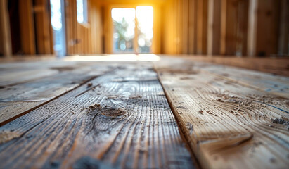 A wooden floor with a lot of scratches and marks. The floor is unfinished and has a lot of wood grain