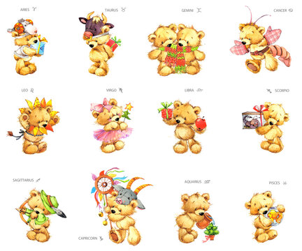 Zodiac signs set. Watercolor Teddy Bears illustration set of Astrological signs isolated on white background