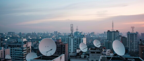 A cityscape at dusk with satellite dishes on various rooftops, highlighting the network infrastructure in an urban setting