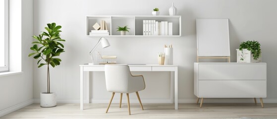 A bright, uncluttered office setup with a white desk, a comfortable chair, and a minimalistic bookshelf