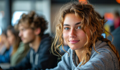A girl with curly hair is smiling at the camera. She is wearing a gray hoodie and is sitting in a group of people