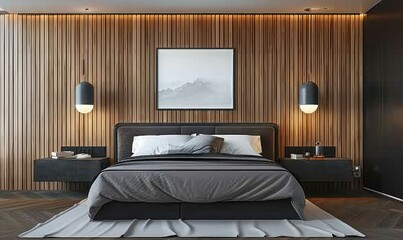 A beautifully designed modern bedroom with wood paneling on the wall, a vertical picture frame mockup positioned above the bed, and sleek night light sconces providing a cozy ambiance