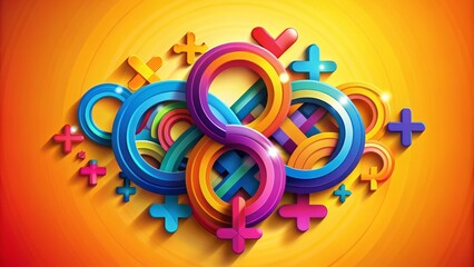 Vibrant abstract representation of Women's Equality Day concept featuring intertwined gender symbols and bold colorful typography on bright background.