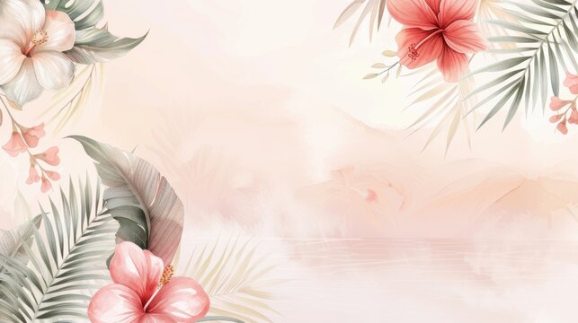 A beach-themed blank invitation card with a watercolor sunset, surrounded by tropical flowers and a sea breeze