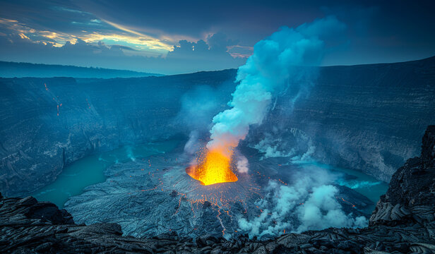A volcano with a large plume of smoke and ash. The sky is cloudy and the sun is setting
