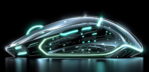 A black wireless mouse with green neon stripes and a black background