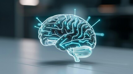 Futuristic graphic of a digital brain with neural pathways, symbolizing artificial intelligence, cognitive computing, and machine learning algorithms. Illustration, Image, , Minimalism,