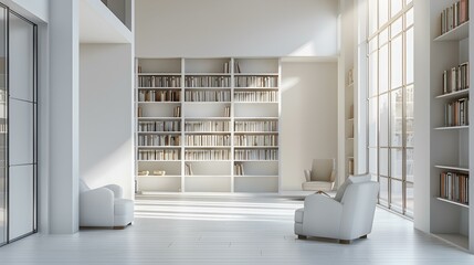 A home library with a minimalist design including
