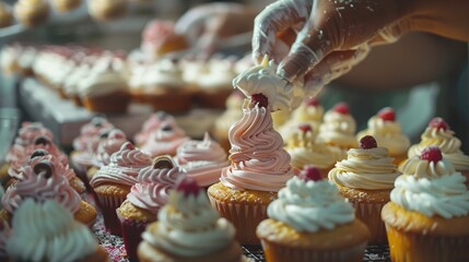 Close shot of many sweet cupcakes on the foreground while a baker decorating the last one