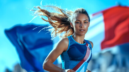 Young female athlete running outdoors with French flag in background, blue and red sportswear, long hair flowing, focus and determination
