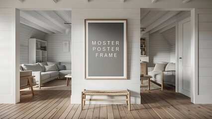 mock up poster frame in modern interior background, living room, Scandinavian style, 3D render, 3D illustration